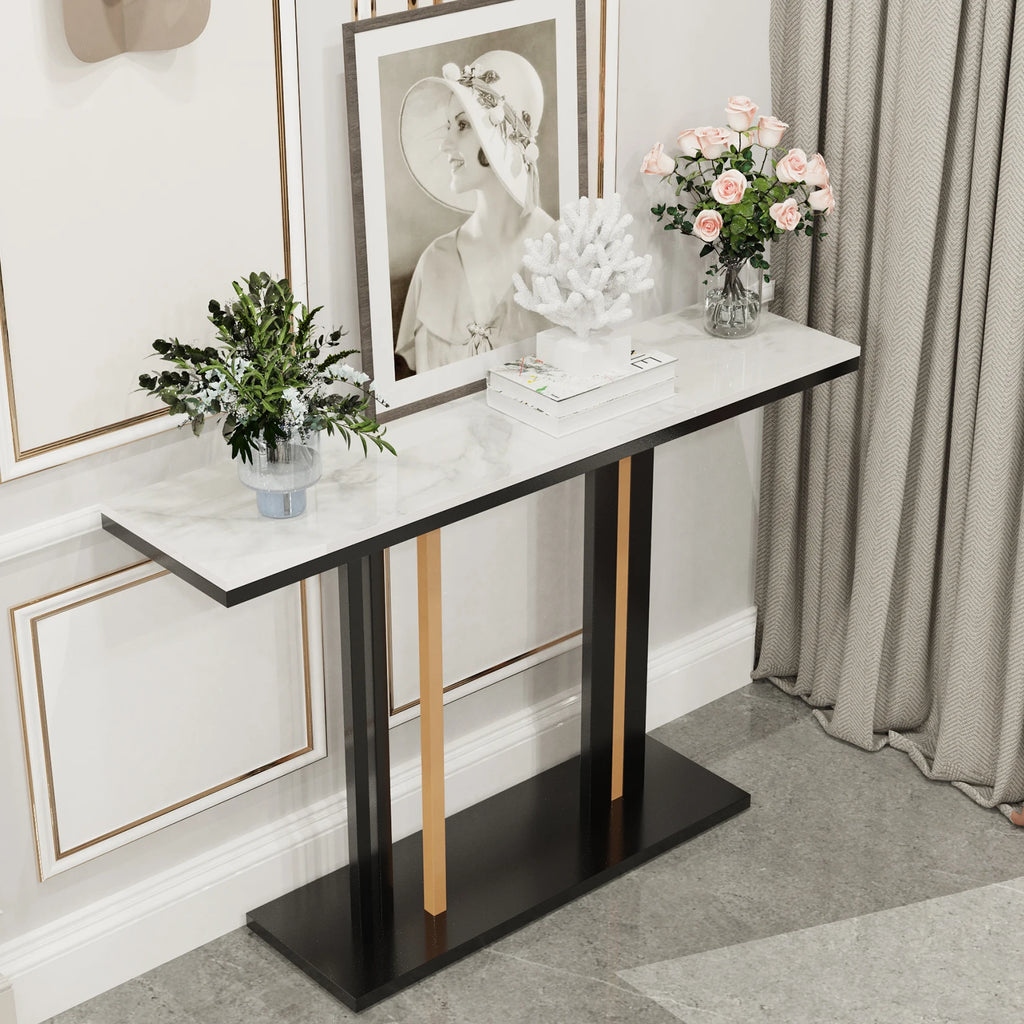 Contemporary Style Console Table with Stone Top and Pedestal Base for Hall Marble Slate Narrow Table Against The Wall Porch