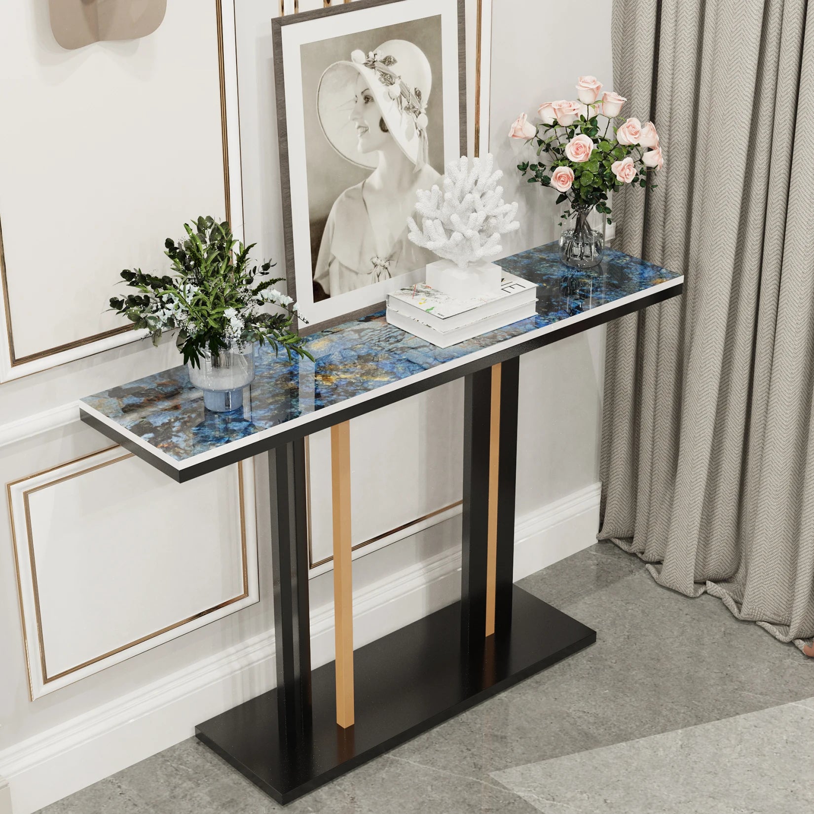 Contemporary Style Console Table with Stone Top and Pedestal Base for Hall Marble Slate Narrow Table Against The Wall Porch
